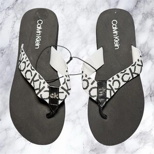 Calvin Klein Logo Flip Flops Size 6 Black White CK Monogram Sandals New